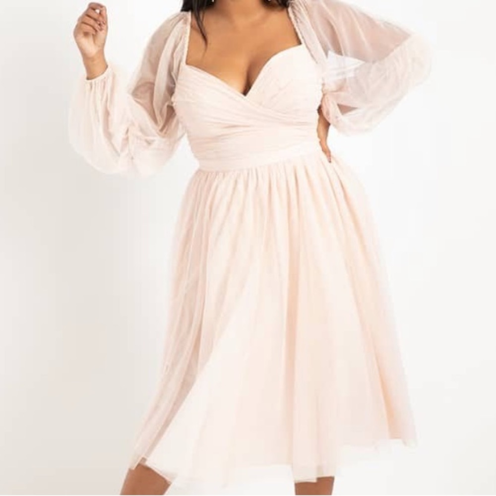 Elegant Cream Mesh Midi Dress with Puff Sleeves